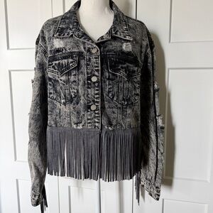 Women’s Medium Fringe Jean Jacket Charcoal Distressed Acid Washed Denim